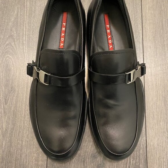 Prada Black Leather Silver Buckle Rubber Sole Slip On Loafers Size 11 NWT - Picture 2 of 13